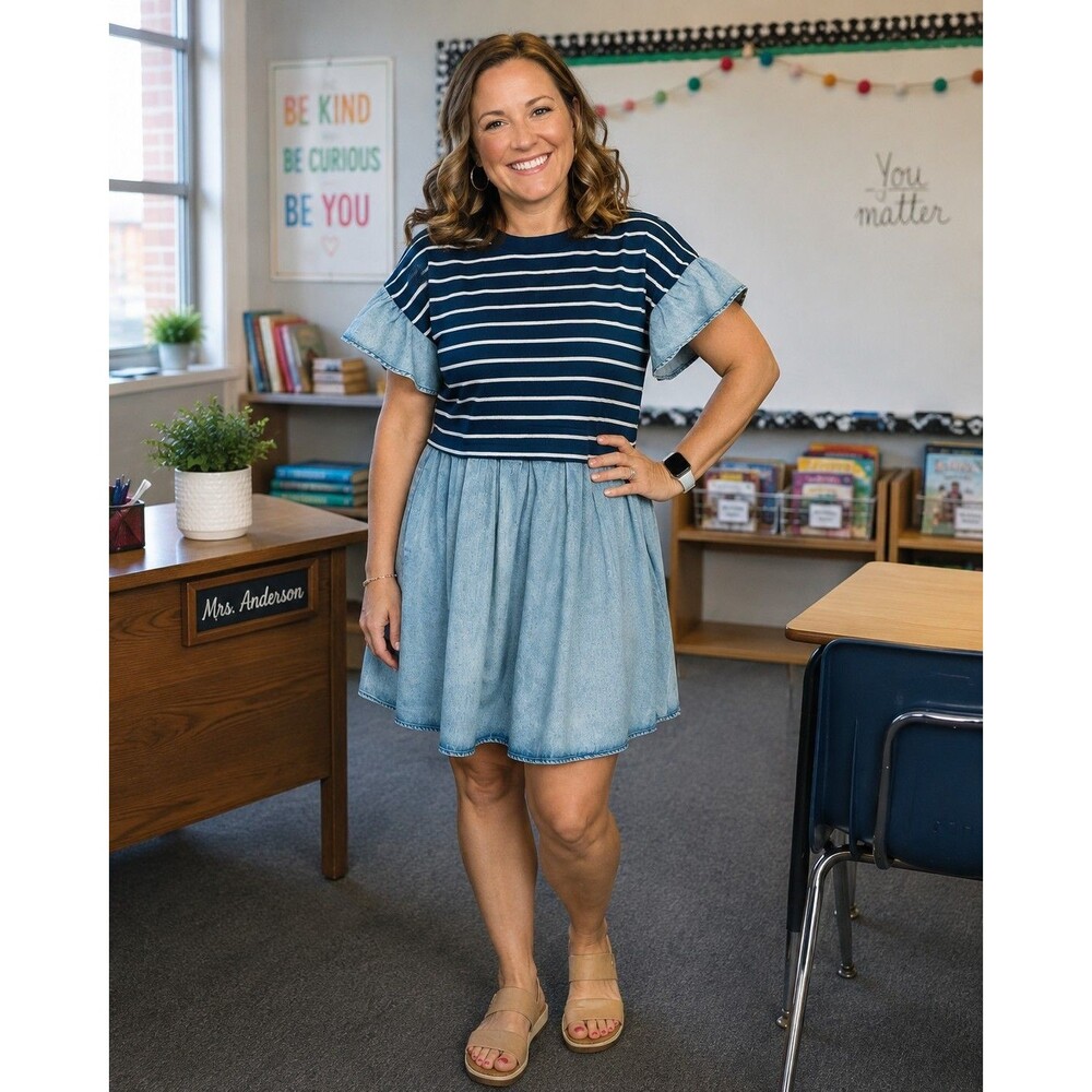 entro dress medium Stretch Denim With Striped Navy Top Flutter Sleeves